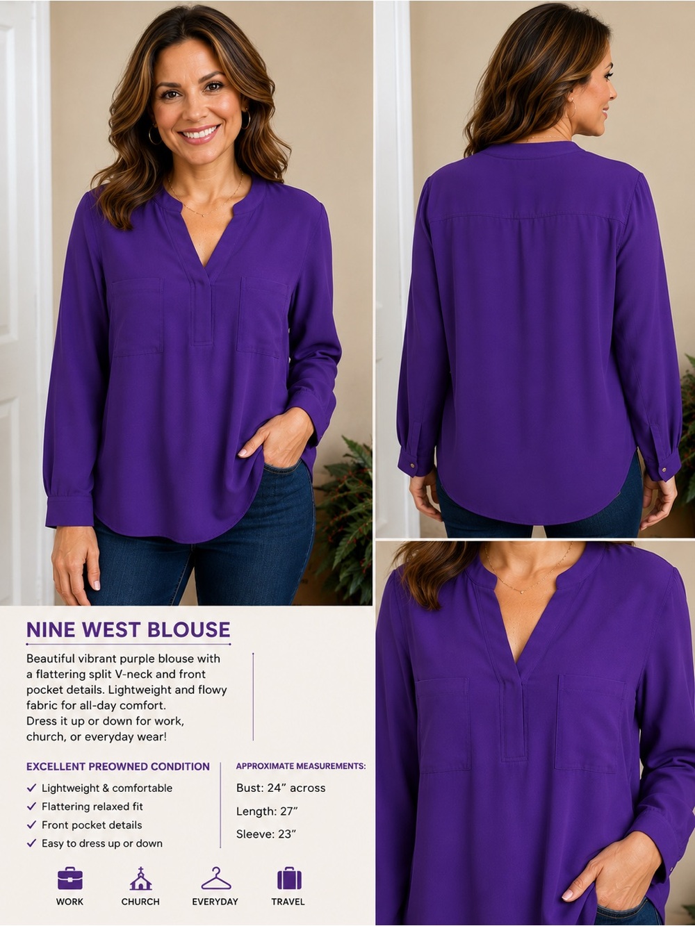 Nine West Vibrant Purple Split-Neck Blouse